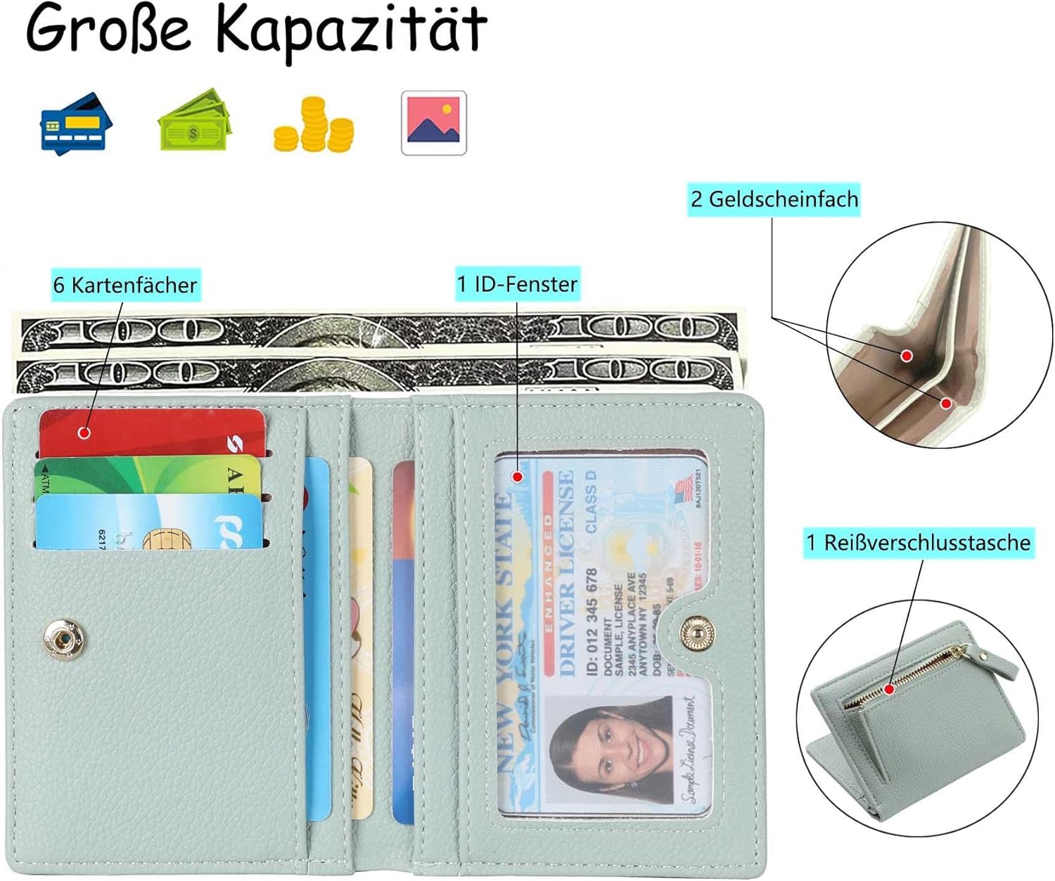 Thumbnail 2 de RRANCharltu Damen-Geldbörse klein aus Kunstleder mit Reißverschluss & Münzfach (Grün)