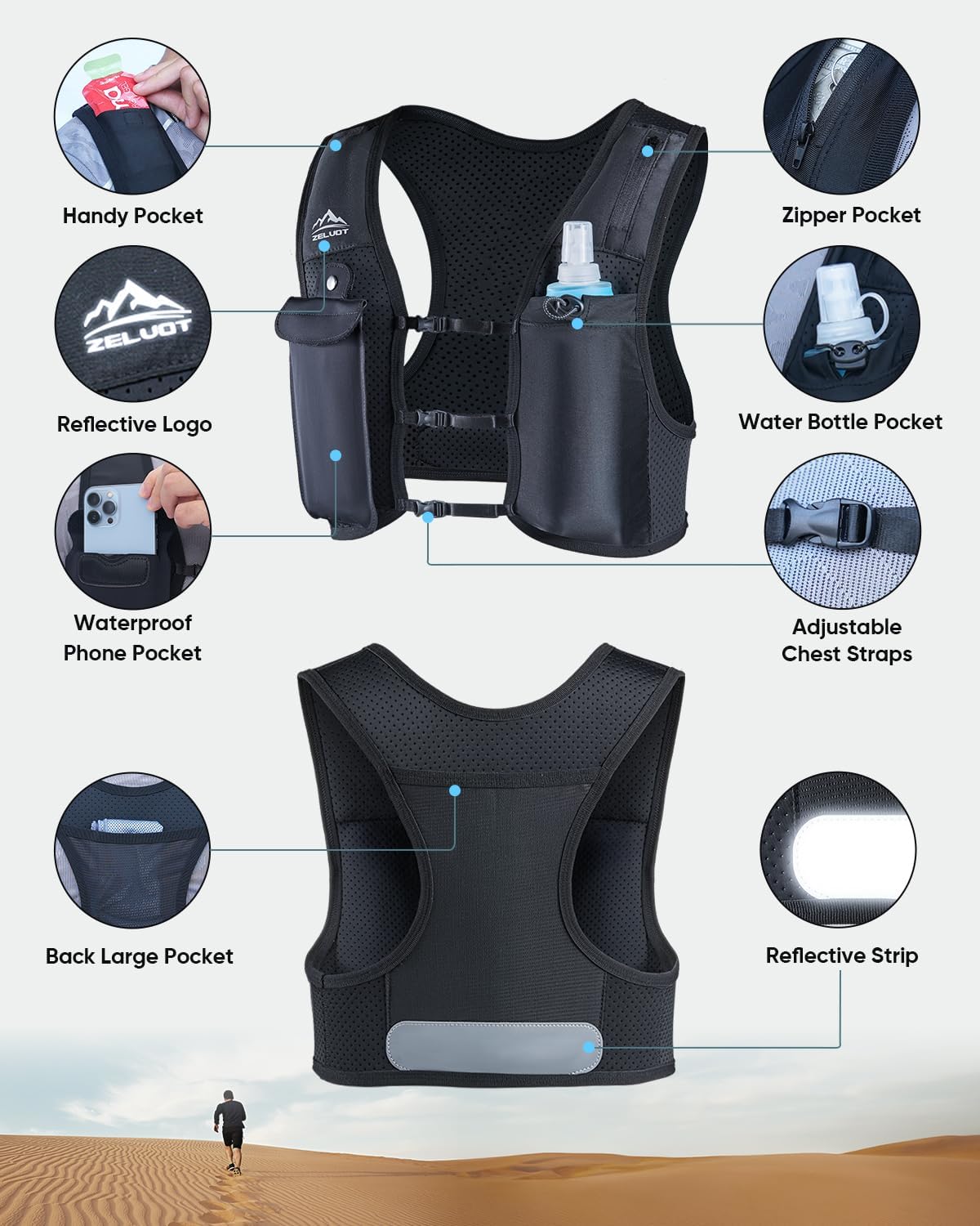 Detalle de Zelvot Running Vest for Women and Men with 500ml Soft Flask