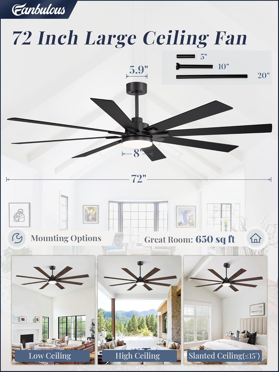 Thumbnail 5 de Fanbulous 72 Inch Ceiling Fan with Lights and Remote – Dual-Sided Reversible Blades, Damp Rated