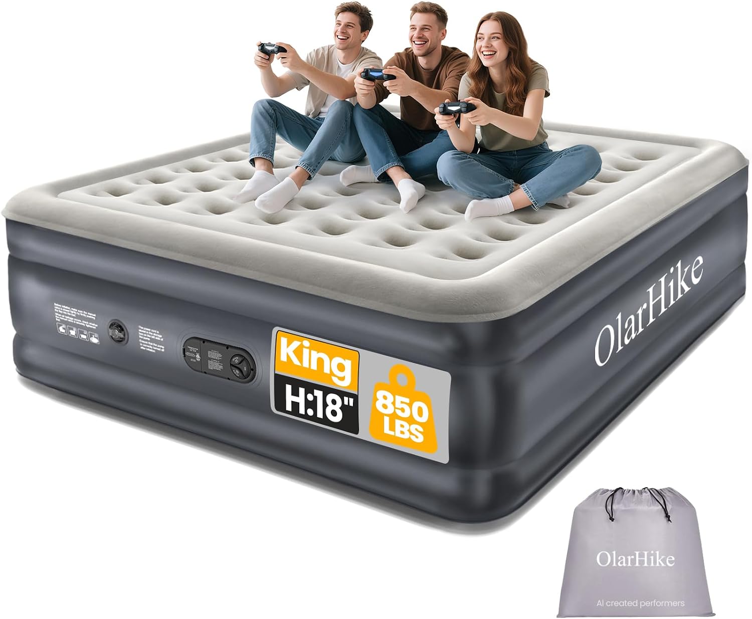 Detalle de OlarHike AMH3 King Air Mattress with Built-In Pump, 18-Inch Flocked Top