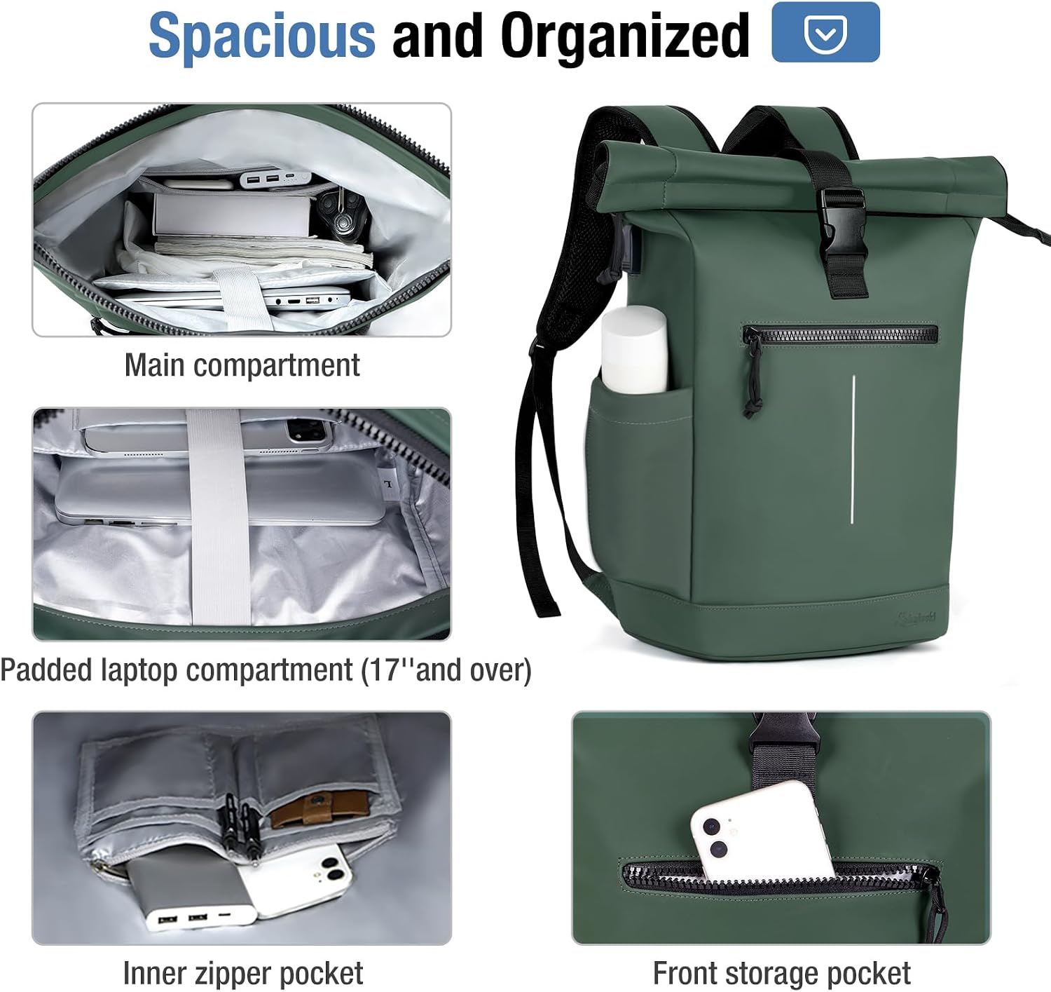 Thumbnail 2 de Lekeinchi Rolltop Rucksack wasserdicht – Laptop-Rucksack für 17 Zoll, Rolltop-Daypack (grün, XL)
