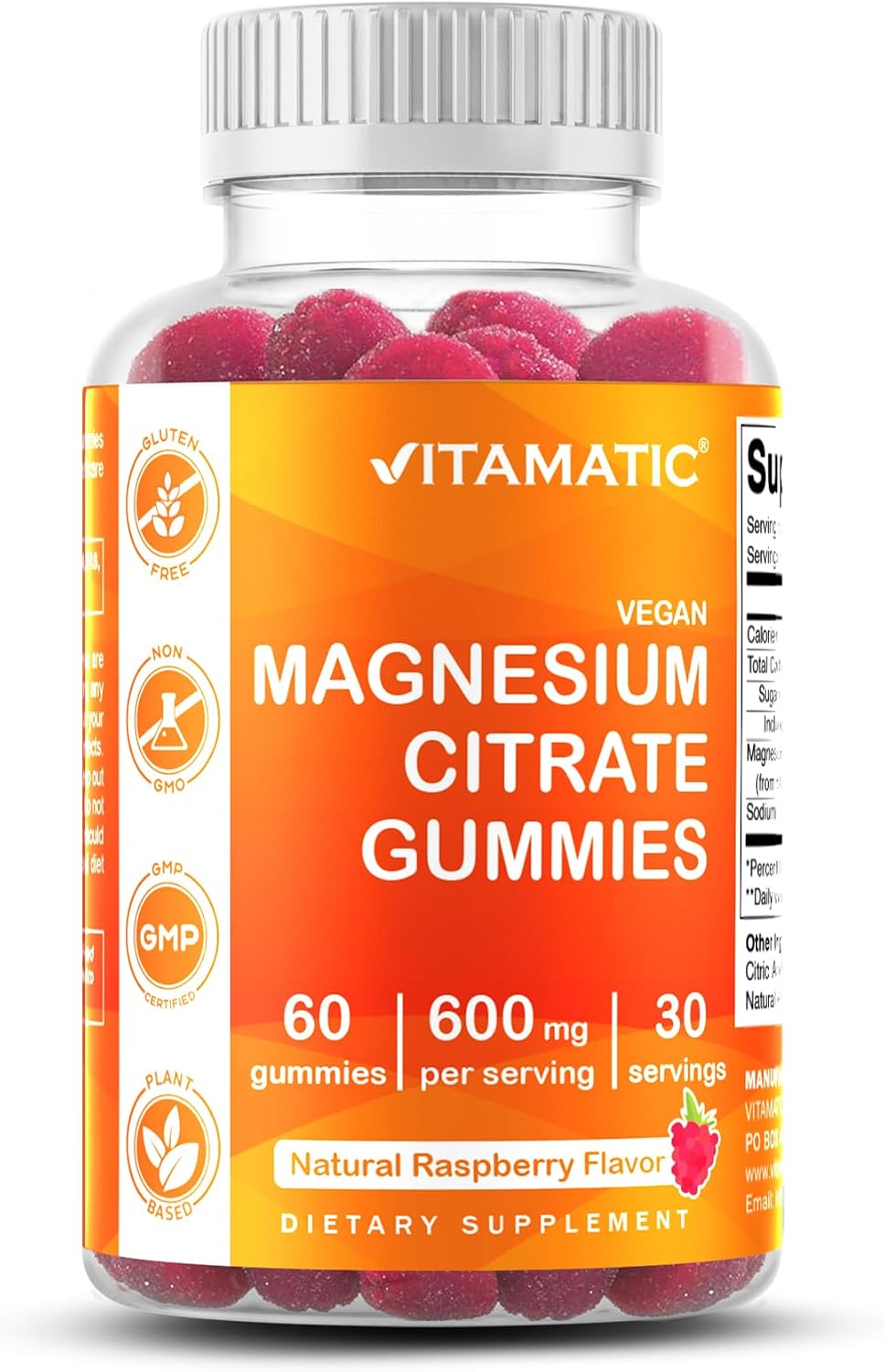 Detalle de Vitamatic Magnesium Citrate Gummies, 600 mg, Vegan Raspberry, 60 Count