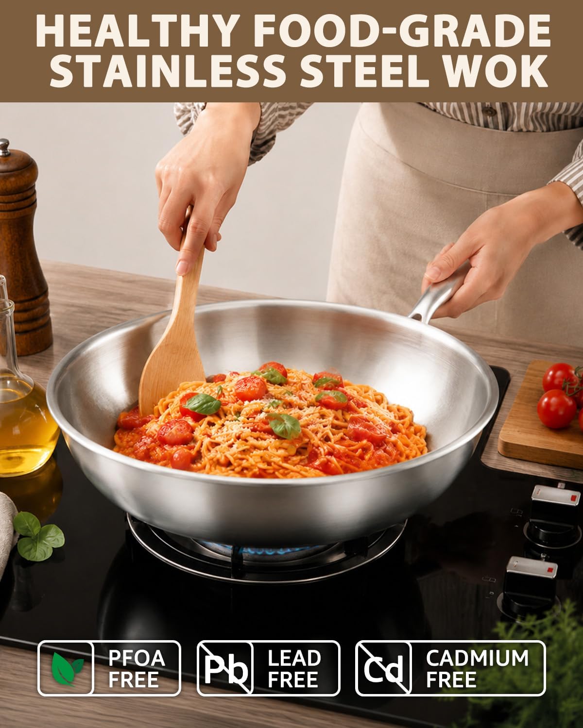 Thumbnail 6 de LOLYKITCH 12 Inch Tri-Ply Stainless Steel Wok Pan