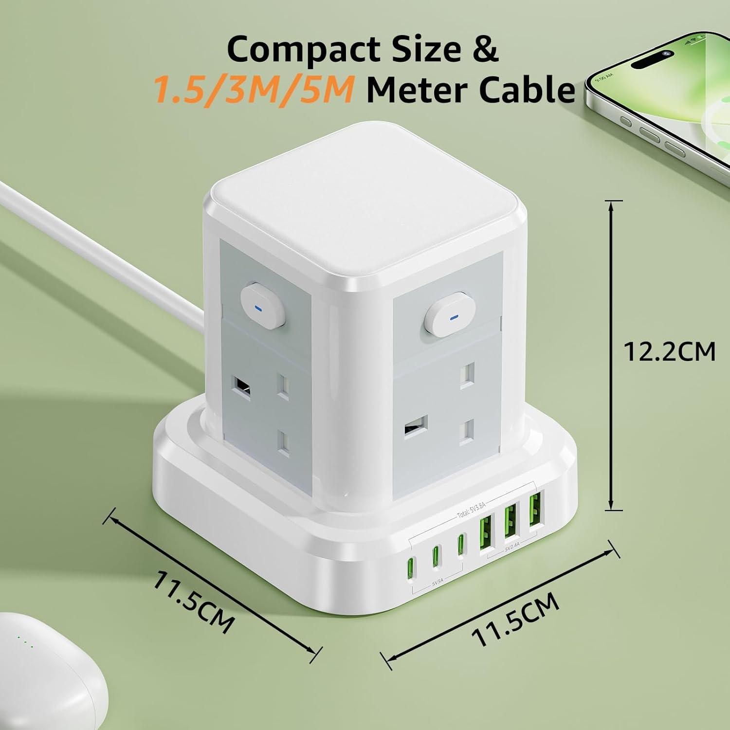Thumbnail 6 de Cube Extension Lead with USB Slots: 4-Sided Tower Power Strip with 4 AC outlets and 6 USB ports