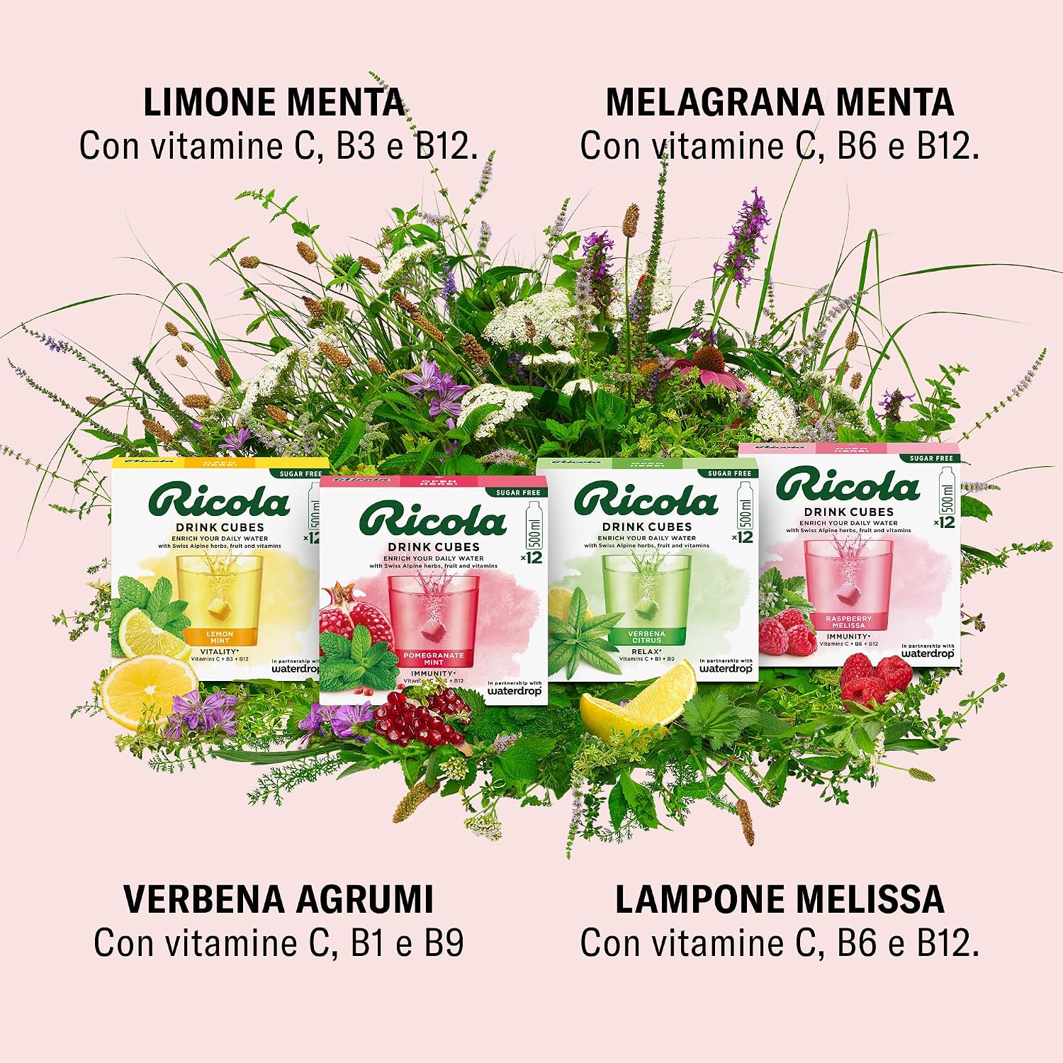 Detalle de waterdrop® x Ricola - 48 Cubetti per Acqua, Pacchetto di Prova 4 Gusti Aromatizzanti