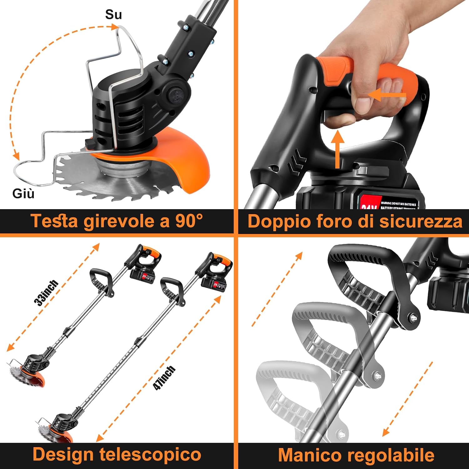 Detalle de Decespugliatore a Batteria 21V con Tagliaerba, 2 Batterie 2.0Ah, 4 Tipi di Lame e Ruote Rimovibili – Versatilità Senza Fili