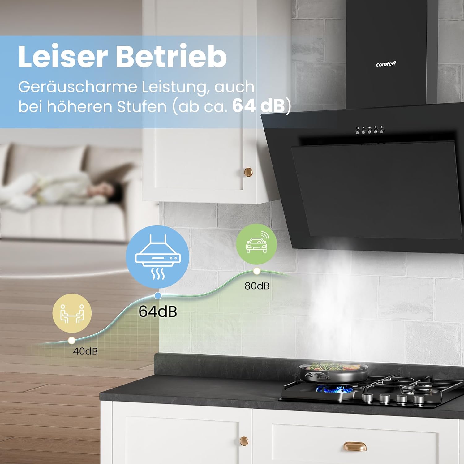 Detalle de COMFEE' CH60J78EM4A2B Dunstabzugshaube 60 cm – Kopffreihaube, Umluft/Abluft, 380 m³/h, LED, Aktivkohlefilter, Schwarz