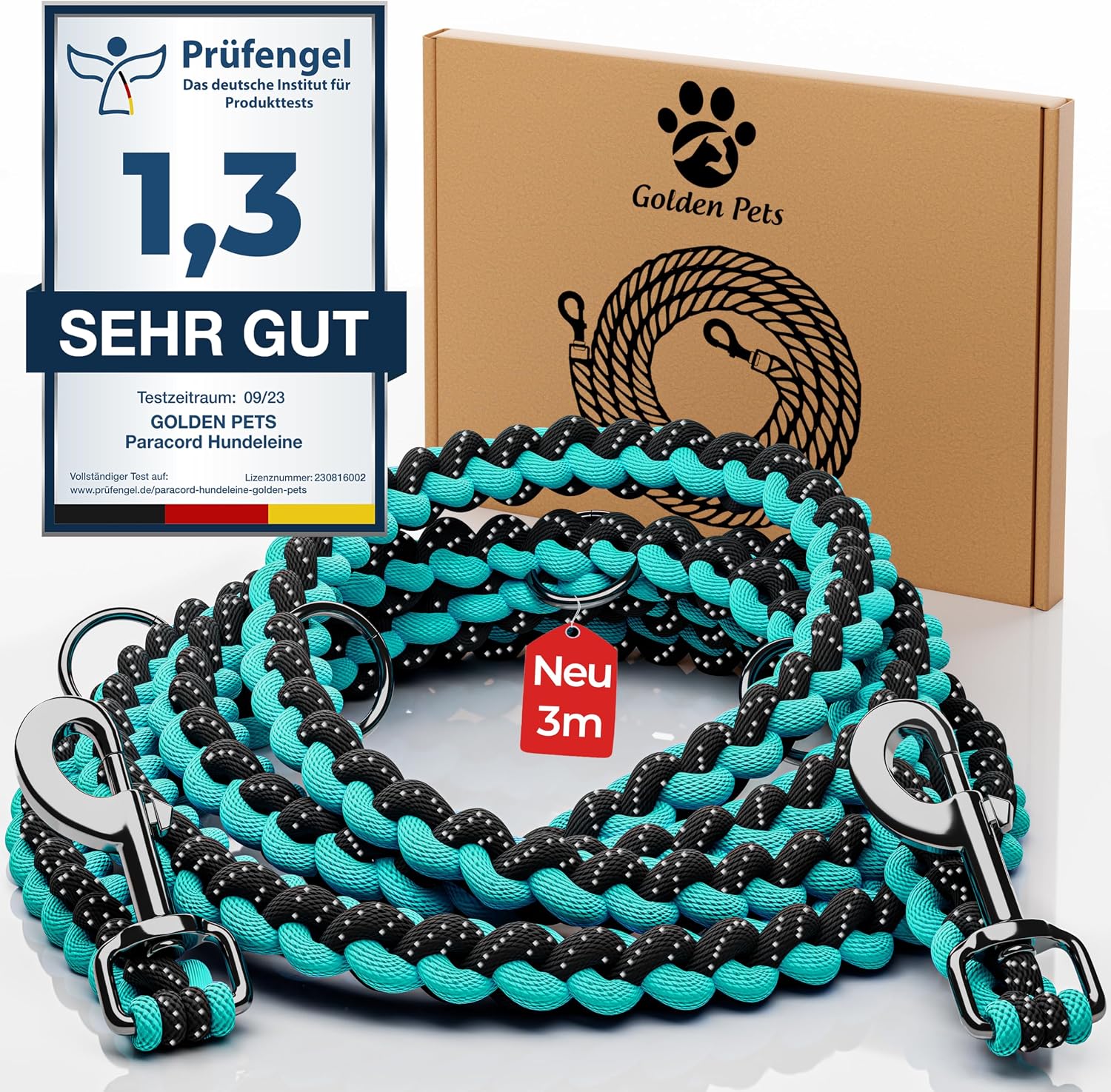 Detalle de Golden Pets Testnote: Sehr gut – Hundeleine reflektierend I 3 m, verstellbar, wetterfest & reißfest bis 250 kg
