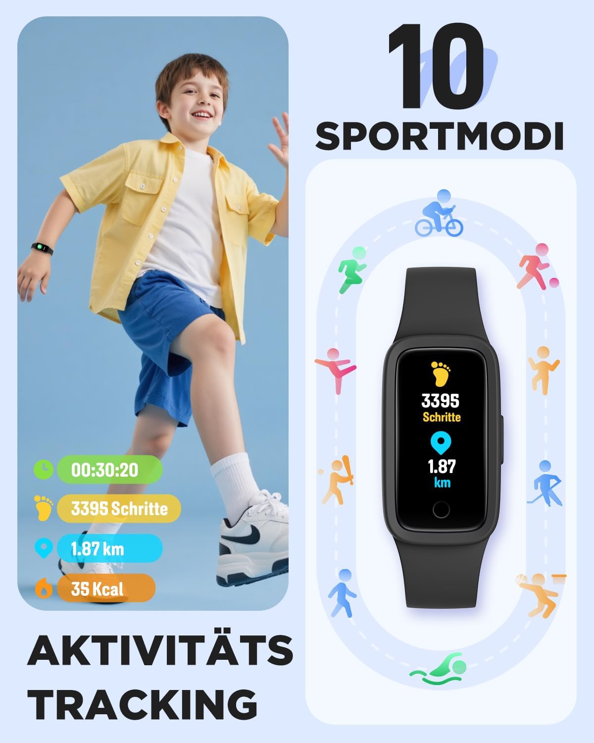 Detalle de BIGGERFIVE Vigor 3 Kinder Fitness Armband Uhr – AMOLED-Display, 3ATM, Schlaf- und Pulstracking