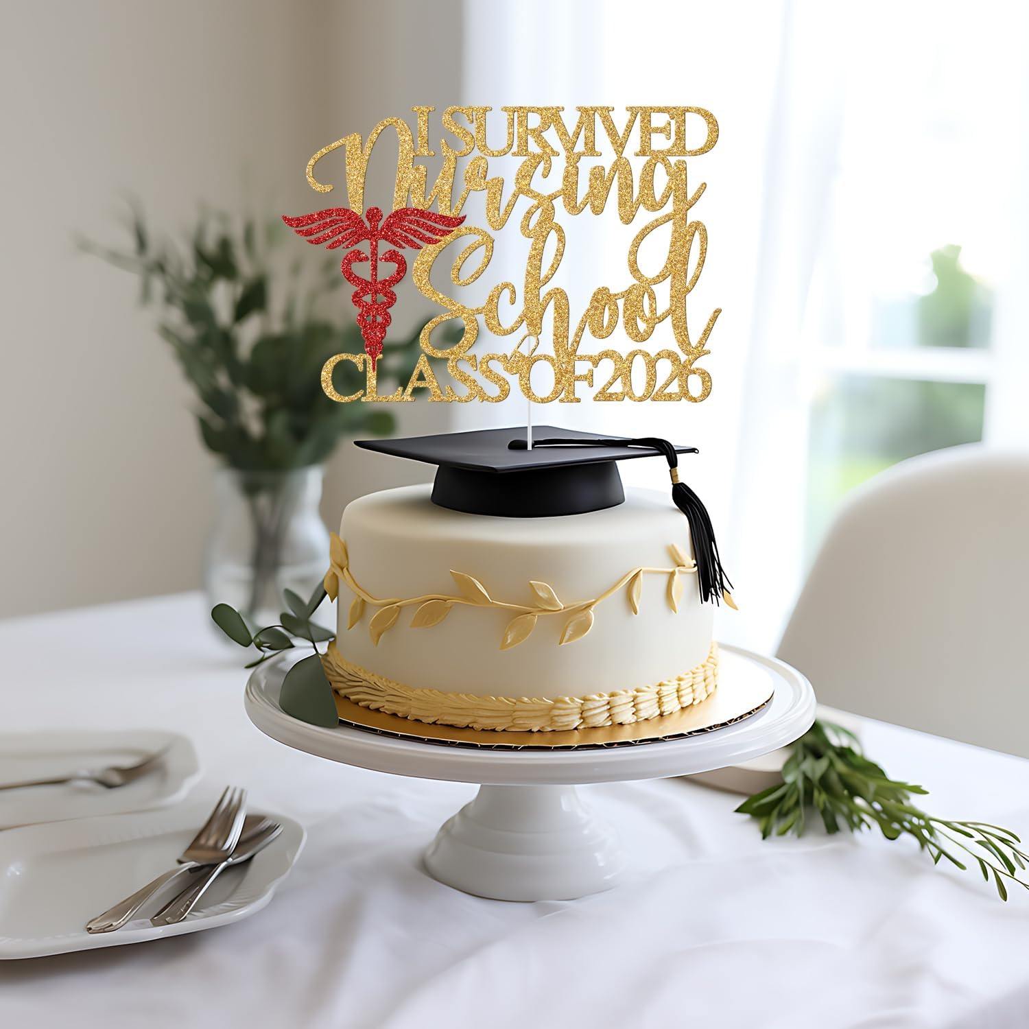 Detalle de Yotawebery I Survived Nursing School Cake Topper, Class of 2026, Gold and Red Glitter