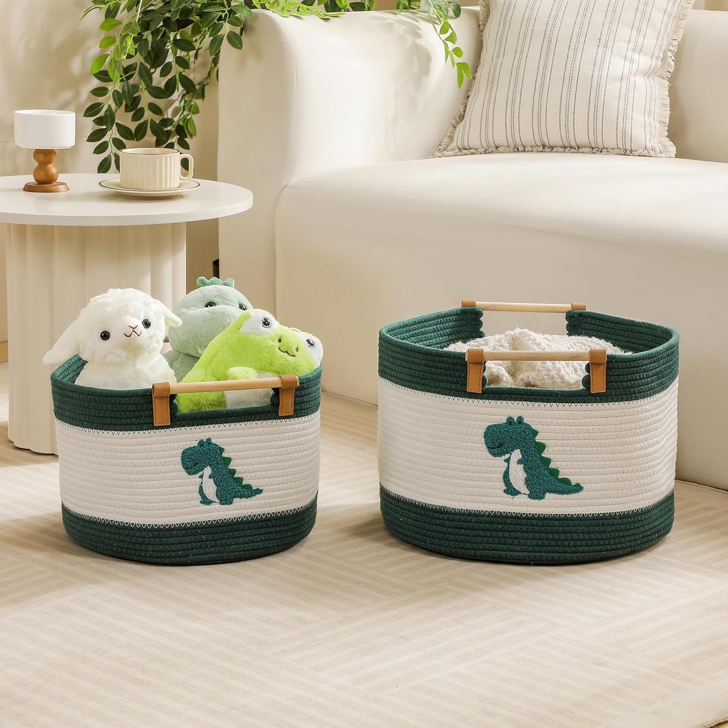 Thumbnail 1 de Baumwollseil-Aufbewahrungskorb mit Holzgriffen für Kinderdecken und Kuscheltiere (ca. 17 L)