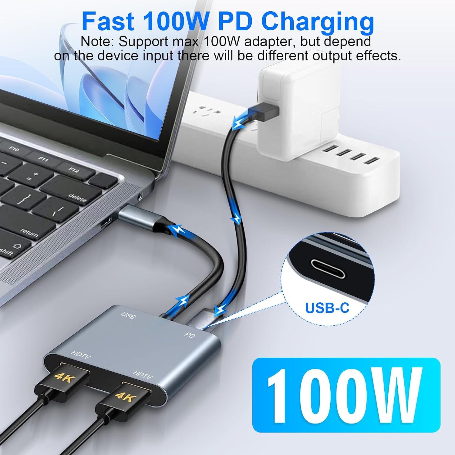 Detalle 2 de USB C to Dual HDMI Adapter 4 in 1: 4K@60Hz single HDMI, 4K@30Hz dual, 100W PD, USB C Hub for MacBook Pro/Air, iPad and more