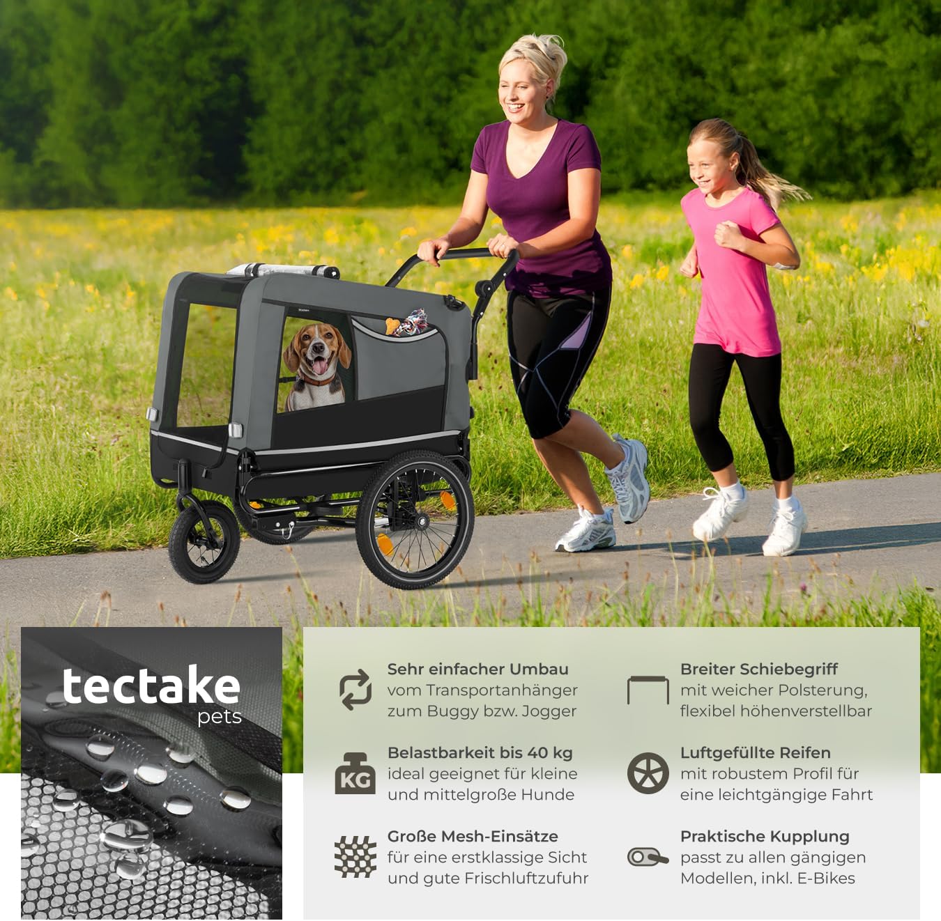 Detalle de tectake Fahrradanhänger multifunktional – Hundeanhänger, Jogger und Buggy, bis 40 kg, faltbar