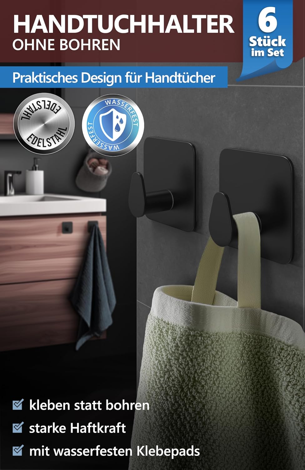 Detalle de 4smile Handtuchhalter ohne Bohren, schwarz – 6er-Set Edelstahl-Klebehaken