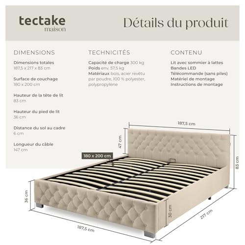 Thumbnail 1 de tectake lit capitonné 180x200 avec sommier et coffre – lit double élégant avec LED et cadre en acier laqué époxy