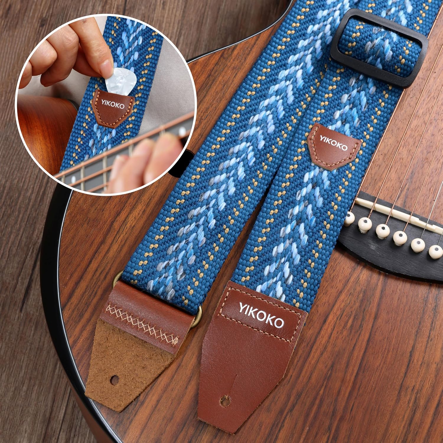 Detalle de YIKOKO Gitarrengurt 5,1 cm aus Baumwolle mit Vollnarbenlederenden – für Bass, E‑Gitarre und Akustik