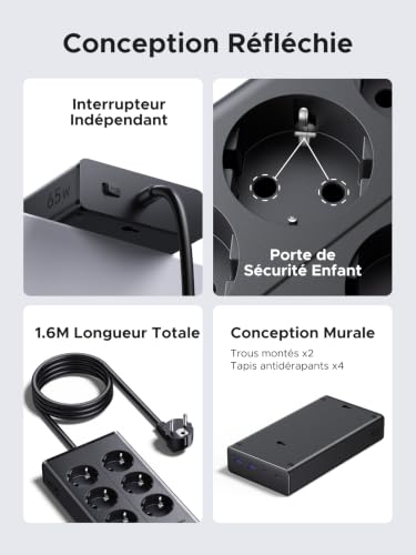 Detalle de UGREEN 10 en 1 Multiprise PD 65W USB-C (6 prises AC) + 2 USB-C + 2 USB-A