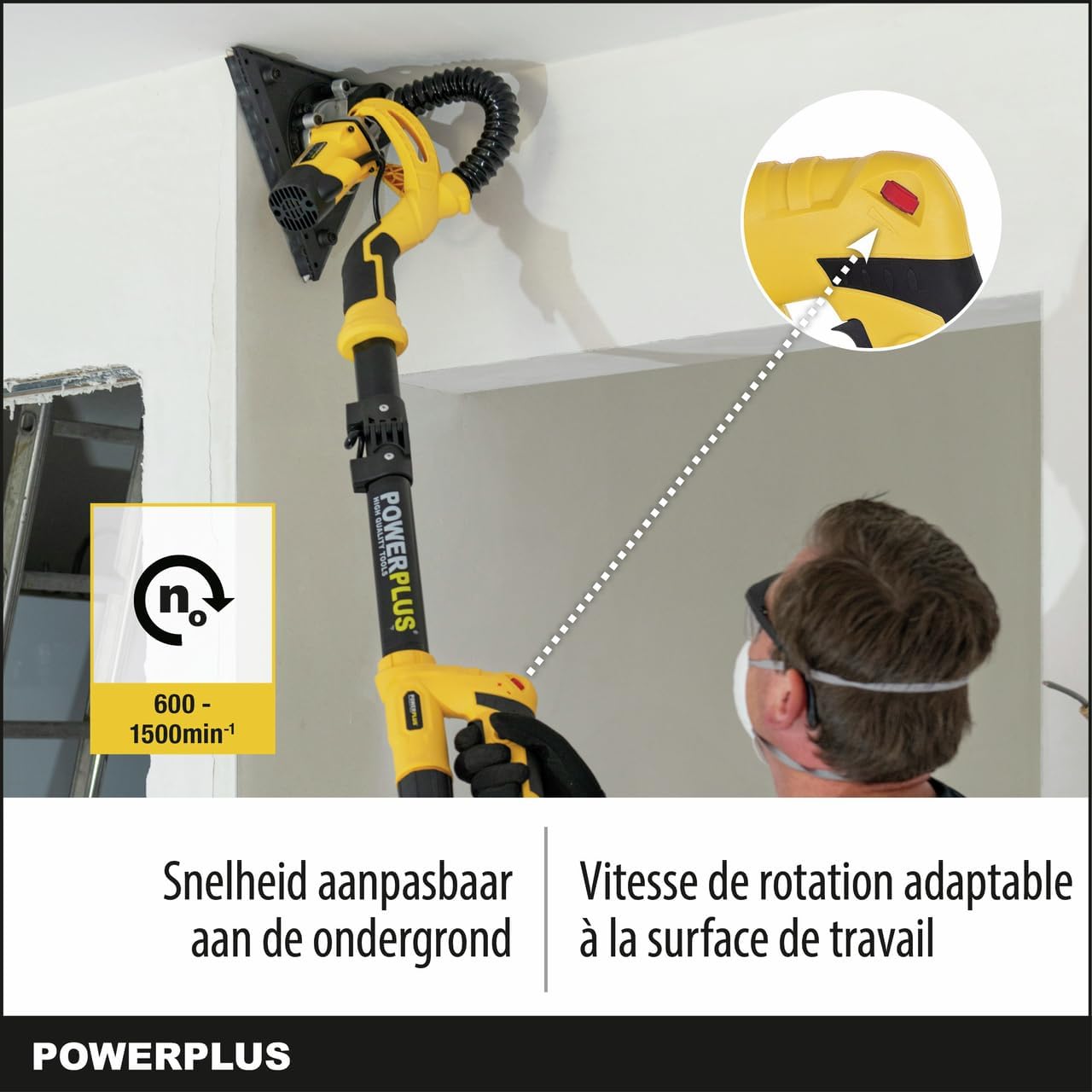 Detalle de POWERPLUS POWX0477 – szlifierka do płyt g-k 710 W, teleskopowa, 2 talerze