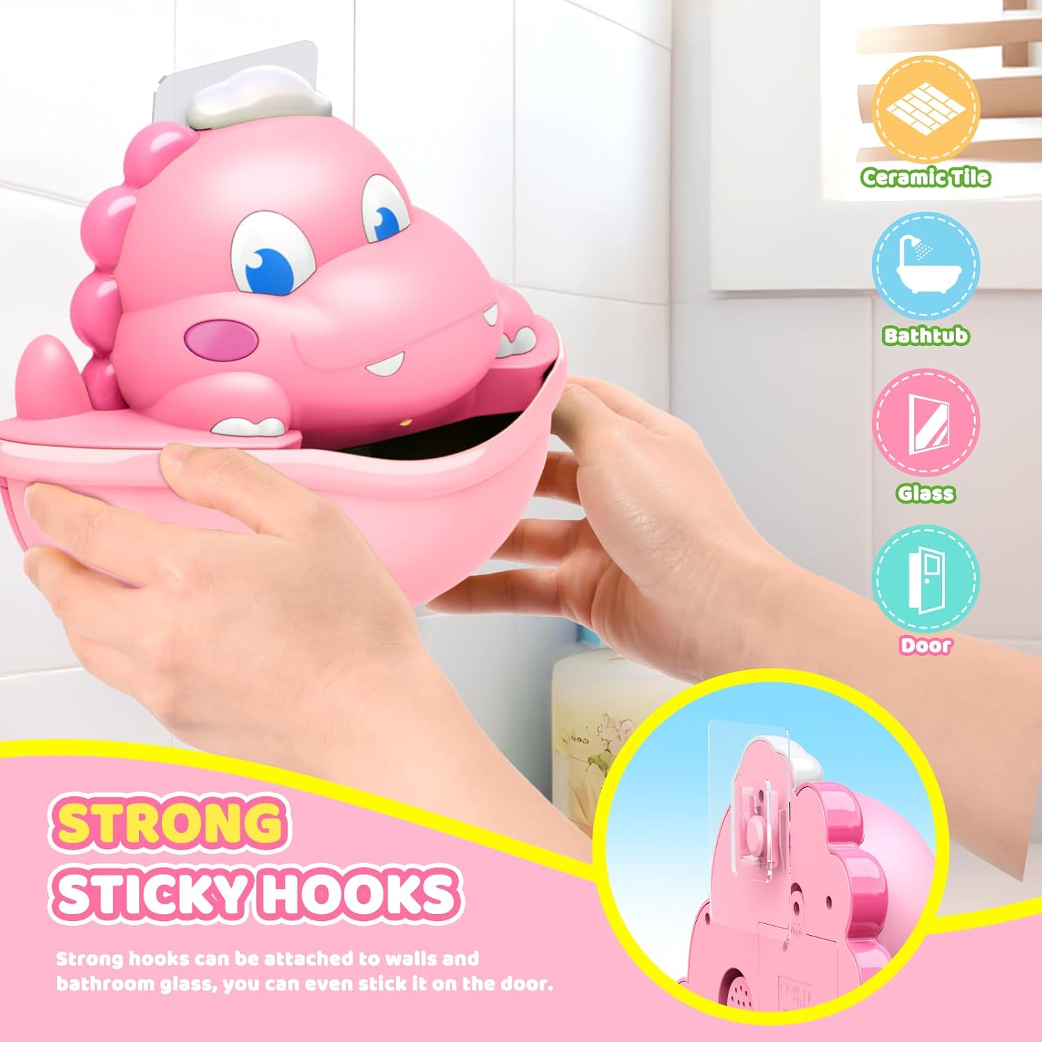 Detalle de Adeokay Dinosauro: Macchina per bolle per vasca con luci LED rosa, 250 ml, giocattolo sicuro per bambini 1–4 anni