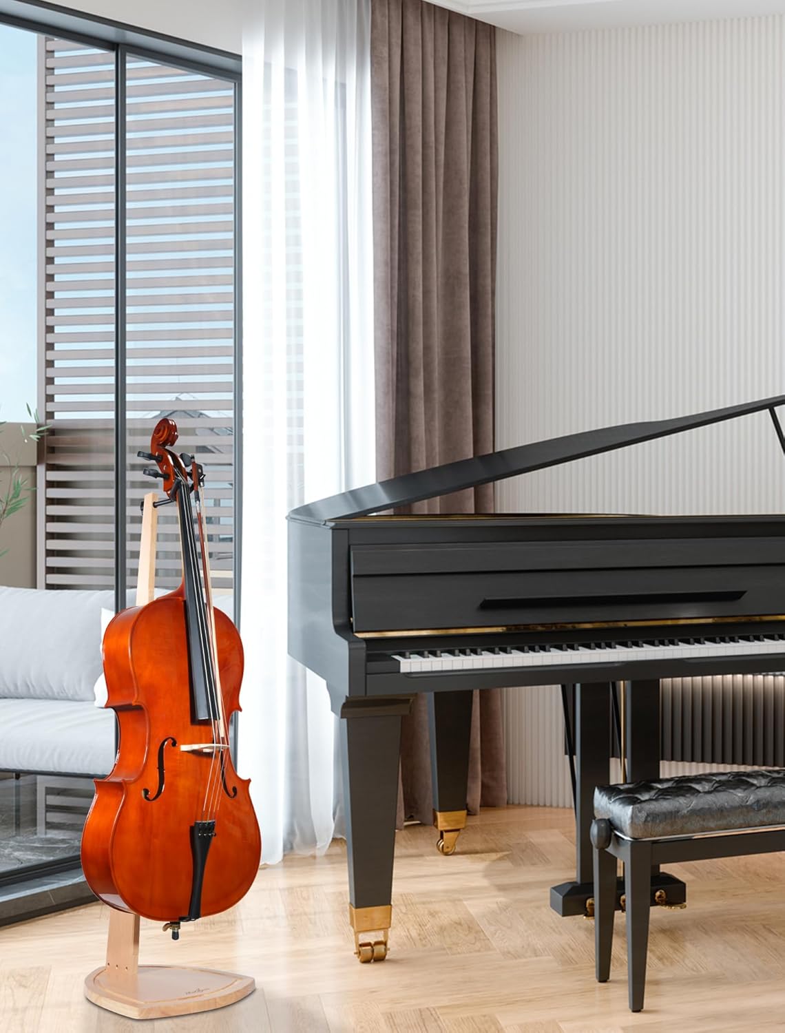 Detalle de Musbeat Cello Ständer aus Buchenholz mit Bogenhalter für 1/2, 1/4, 1/8 bis 4/4