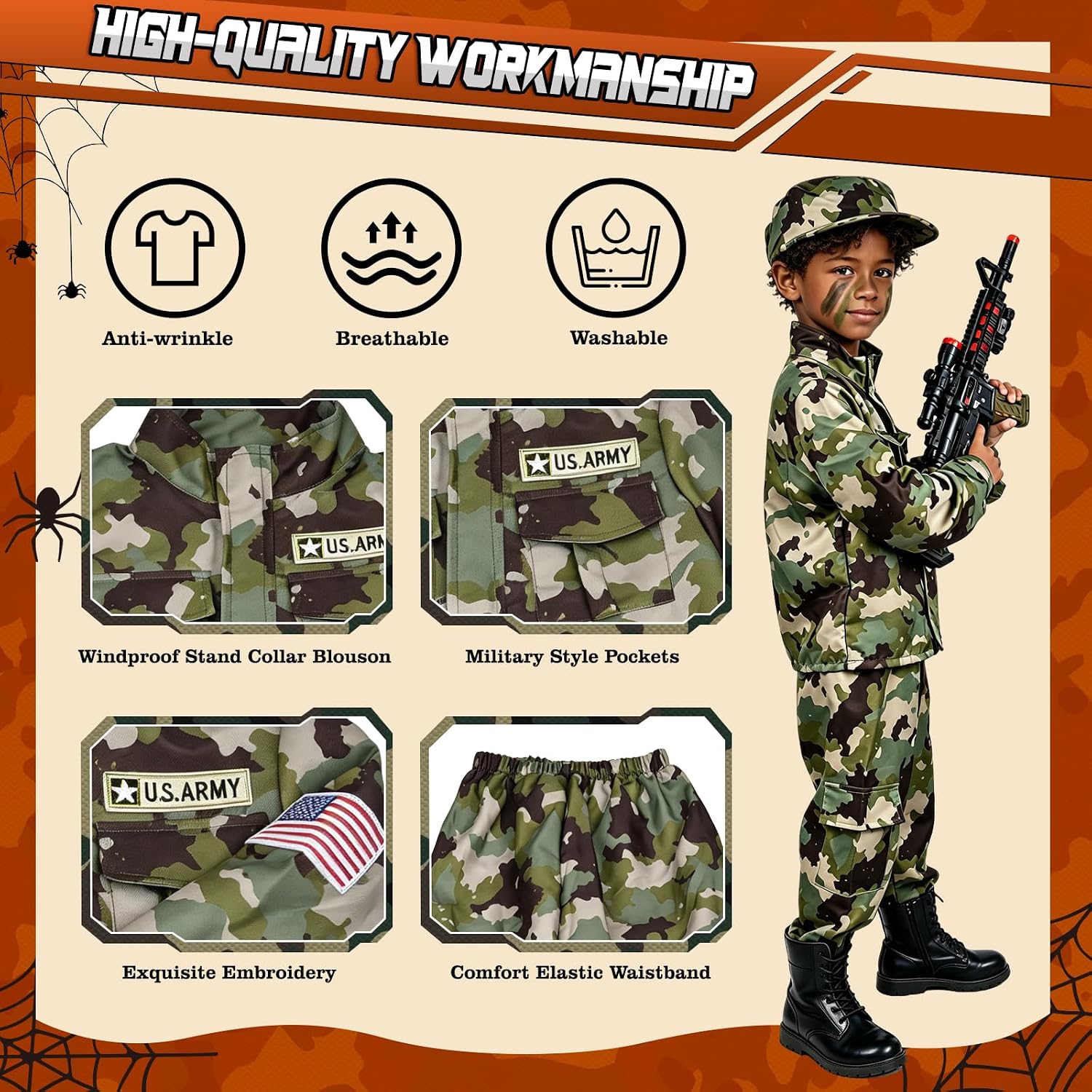 Thumbnail 2 de SNWIDA boys army costume, 14-piece camouflage soldier dress-up set