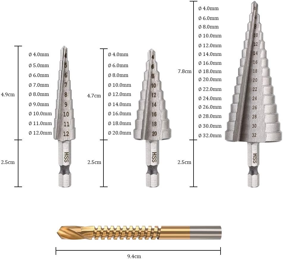 Detalle de flintronic Punte Coniche a gradini HSS con rivestimento al titanio (4-12/4-20/4-32 mm)