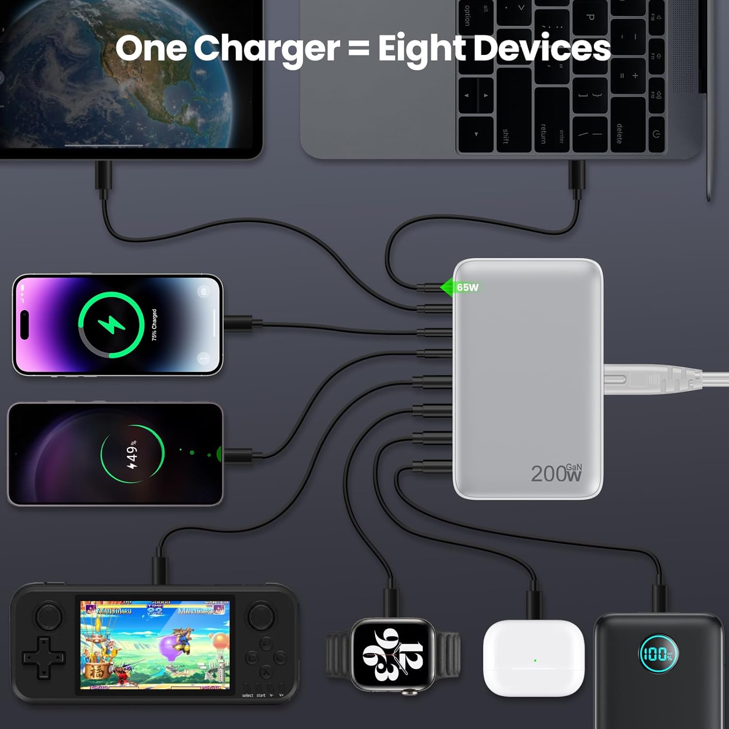 Thumbnail 3 de 200W USB-C Fast Charger Block (8-Port) with GaN III – 65W USB-C Laptop Charging Station Hub (White)