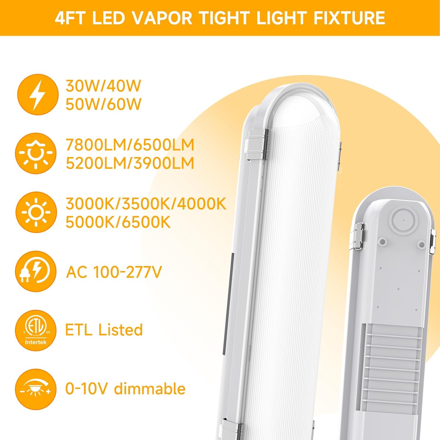 Detalle de JC-LGL H251560W 1 PACK 4FT LED Vapor Tight Light, 10-in-1, 7,800 lm