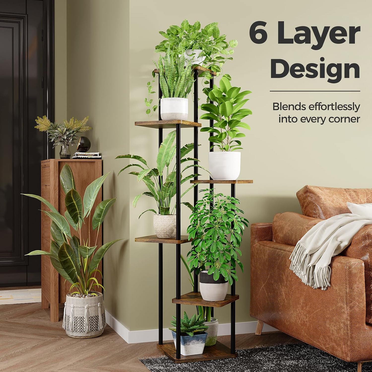 Detalle 2 de Bamworld 6-Tier Plant Stand, 51.2-Inch Metal and Wood Corner Shelf