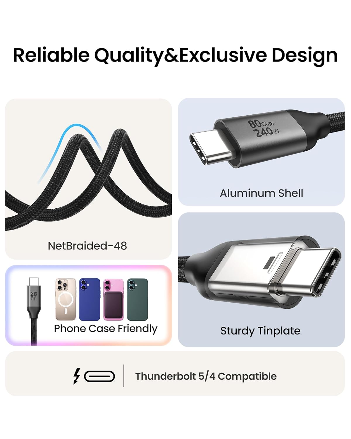 Thumbnail 4 de Silkland USB 4 Thunderbolt 5 Cable 80Gbps/120Gbps, 10FT (3m) — 240W Fast Charge & Dual 8K/16K Display Ready