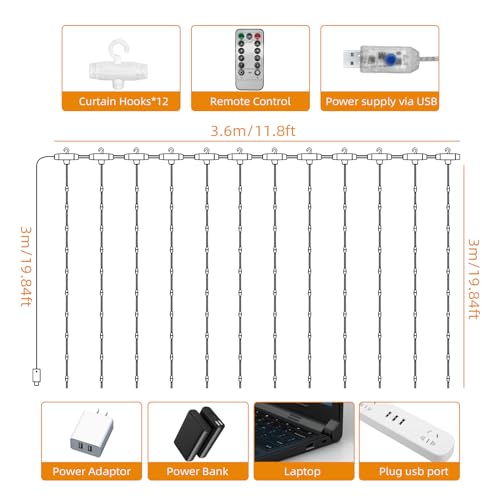 Thumbnail 3 de Jsdoin Lichtervorhang 3,6 × 3 m mit 360 LEDs – IP44 Außen/Innen, 8 Modi inkl. Timer