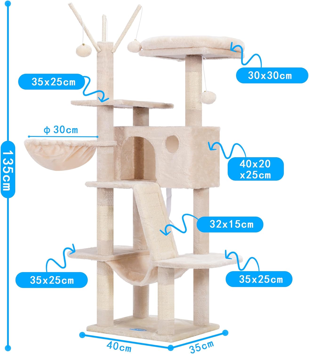 Thumbnail 2 de Hey-Brother Kratzbaum (135 cm) Indoor Katzenbaum mit gepolsterter Plattform, Höhle, Hängematte & Sisal Kratzfläche – Beige MPJ019-SM