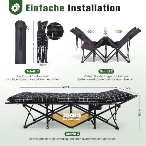 Thumbnail 1 de Sekey Feldbett Klappbar XXL 190 × 71 × 35 cm mit Matratze – Campingbett mit stabilem Stahlrahmen