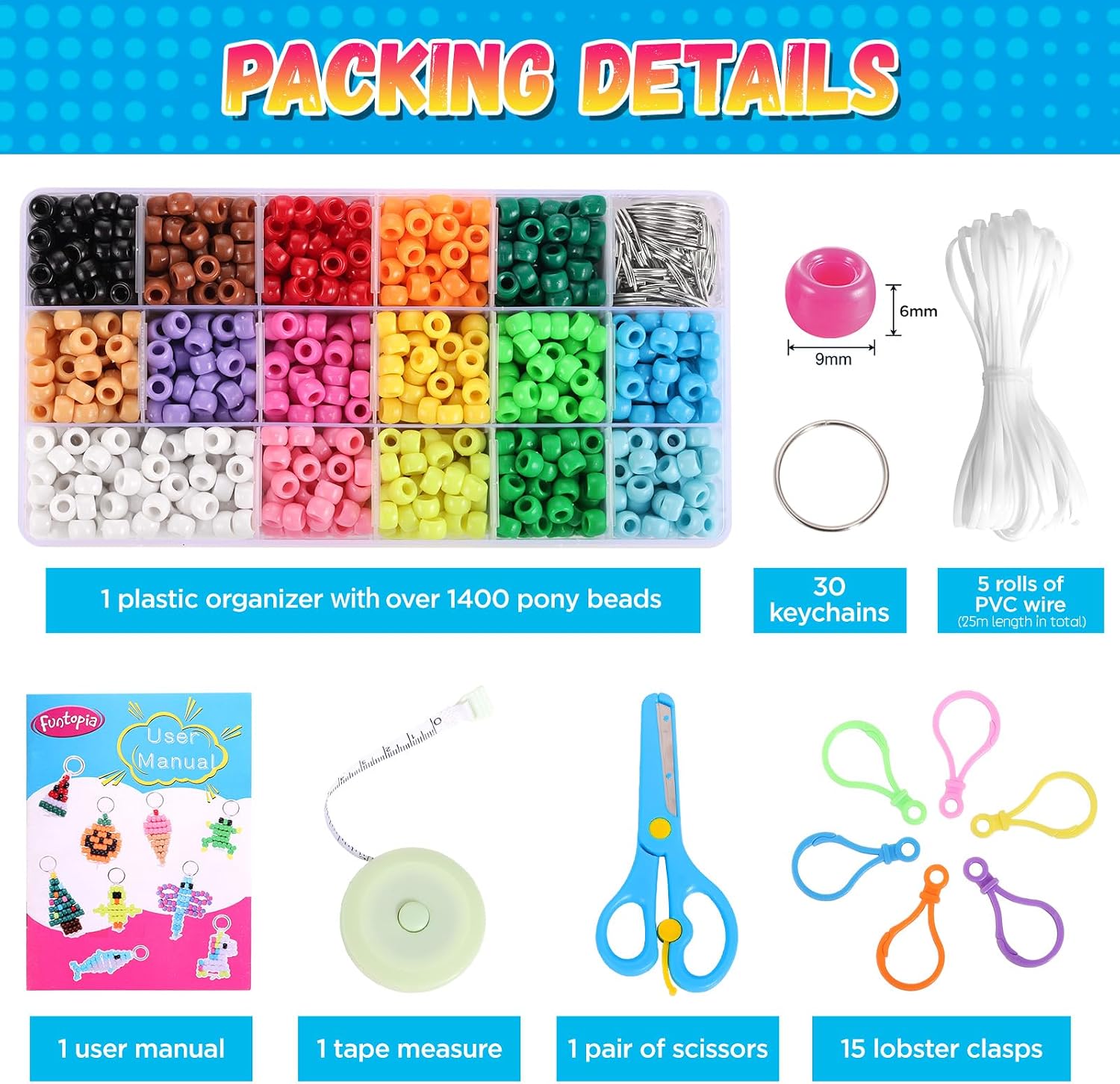 Detalle de Funtopia Pony Beads Keychain Making Kit, 1,500 Beads and 30 Patterns