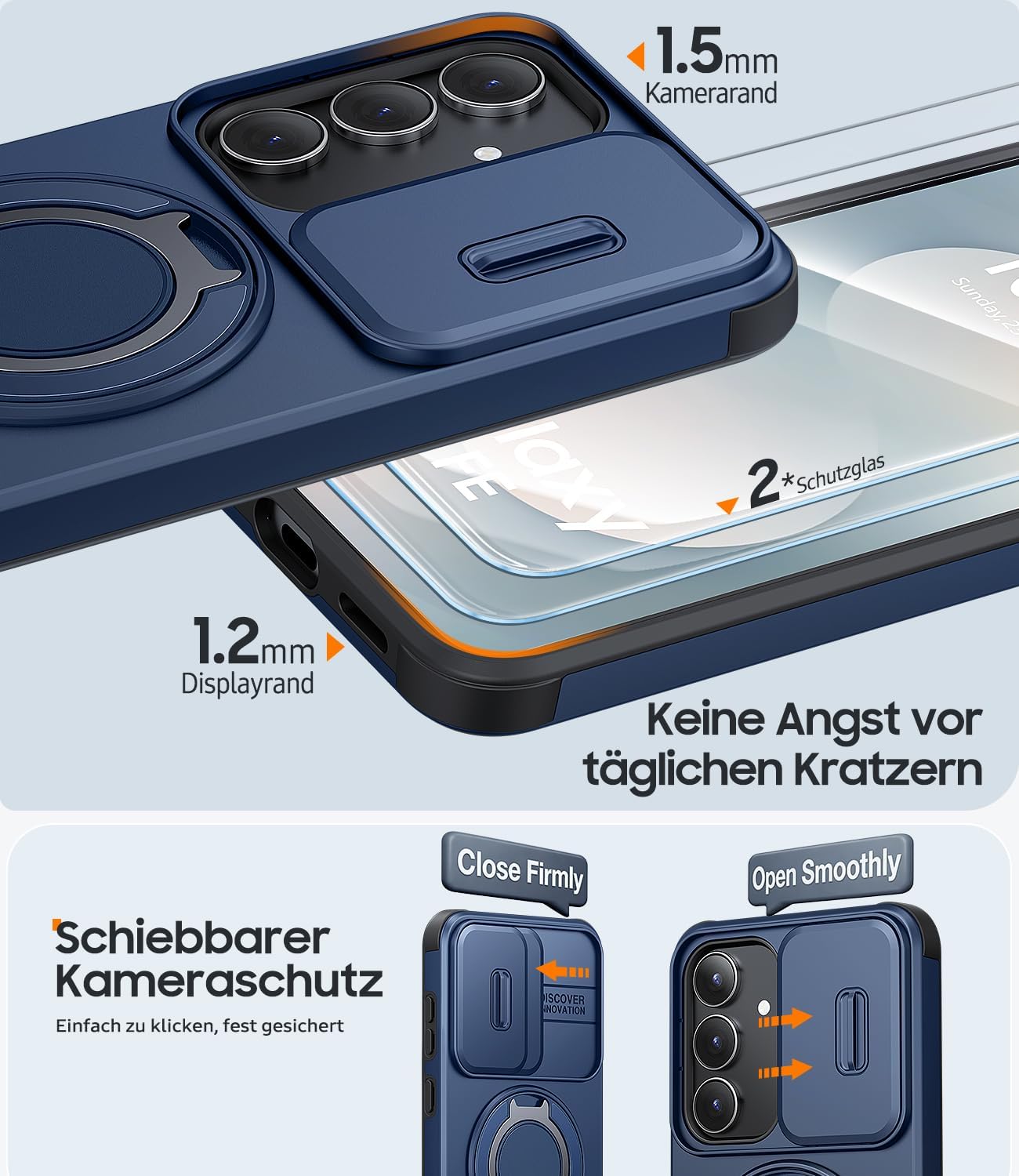 Detalle 2 de AOUIA Hülle für Samsung Galaxy S25 FE mit 2× Panzerglas, Kameraschutz & 360° Ring-Kickstand – stoßfest, blau
