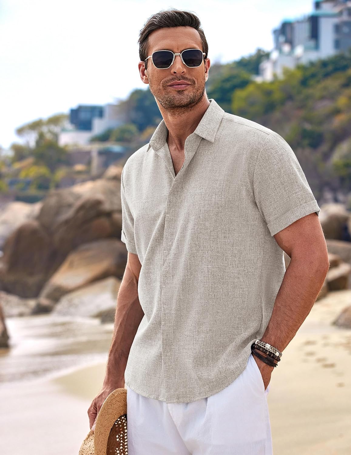 Thumbnail 1 de COOFANDY Men’s Short-Sleeve Linen-Cotton Button-Down Shirt for Summer, Beach, and Weddings