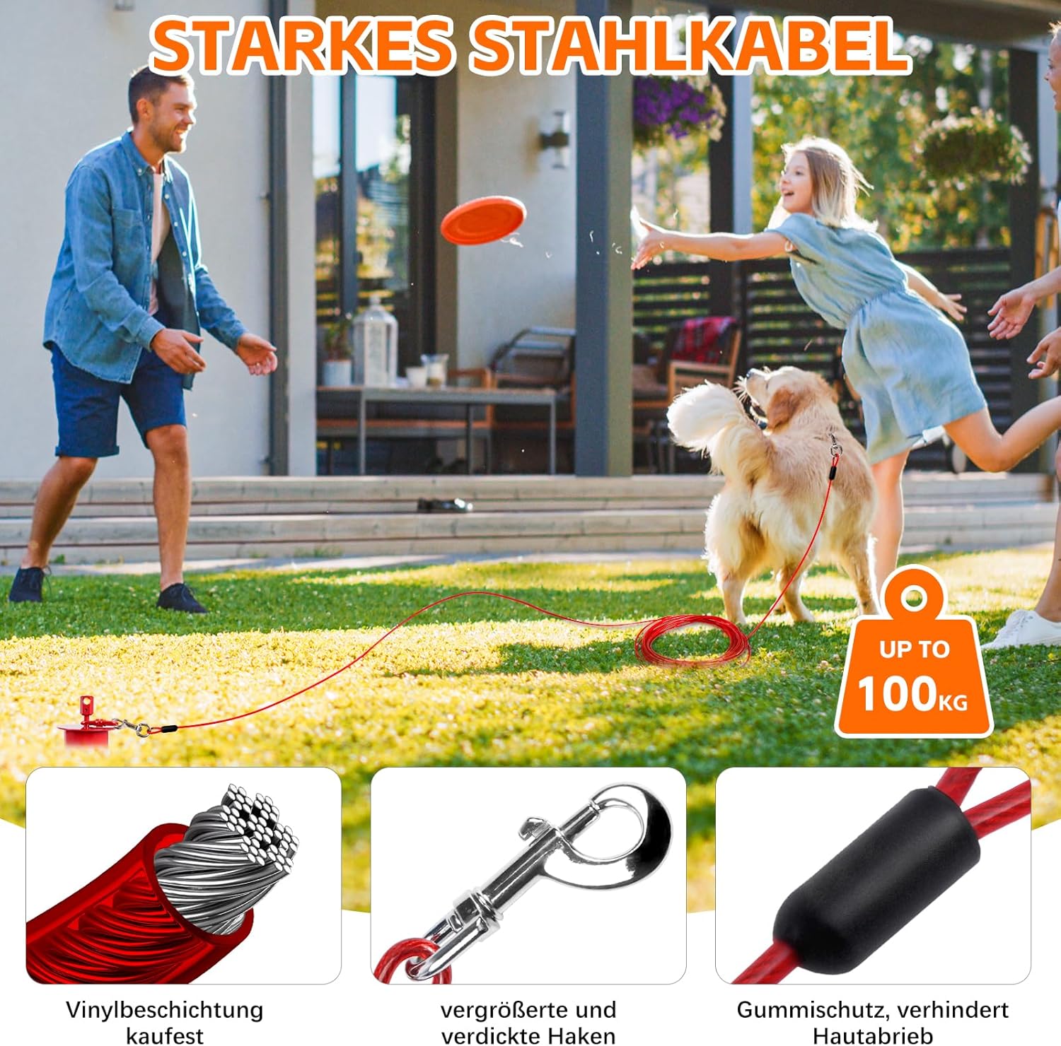 Thumbnail 4 de Bodenanker Hund mit Lock-Cap – 43 cm, rostfreier Anlegepflock mit 4 mm Stahlseil und 360° Drehhaken