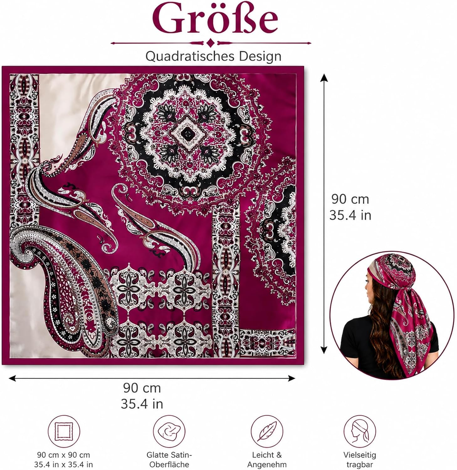 Thumbnail 3 de FAIRYGATE Damen Quadratischer Satin-Schal 90x90 cm – eleganter Kopftuch- und Haarband-Style
