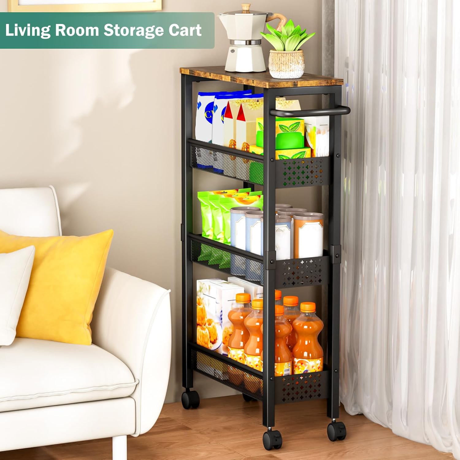 Thumbnail 5 de Vivihomety Utility Slim Storage Cart with Wood Top and Wheels