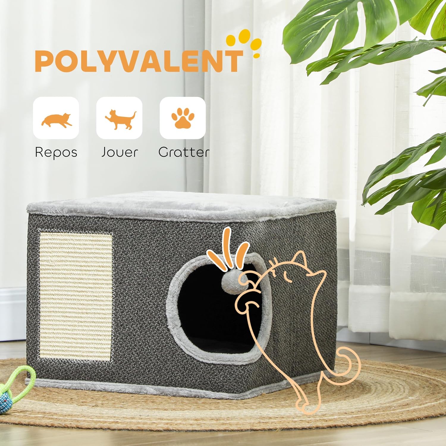Detalle 2 de PawHut Arbre à Chat avec plate-forme, 2 coussins, 45 x 45 x 35 cm ⏳