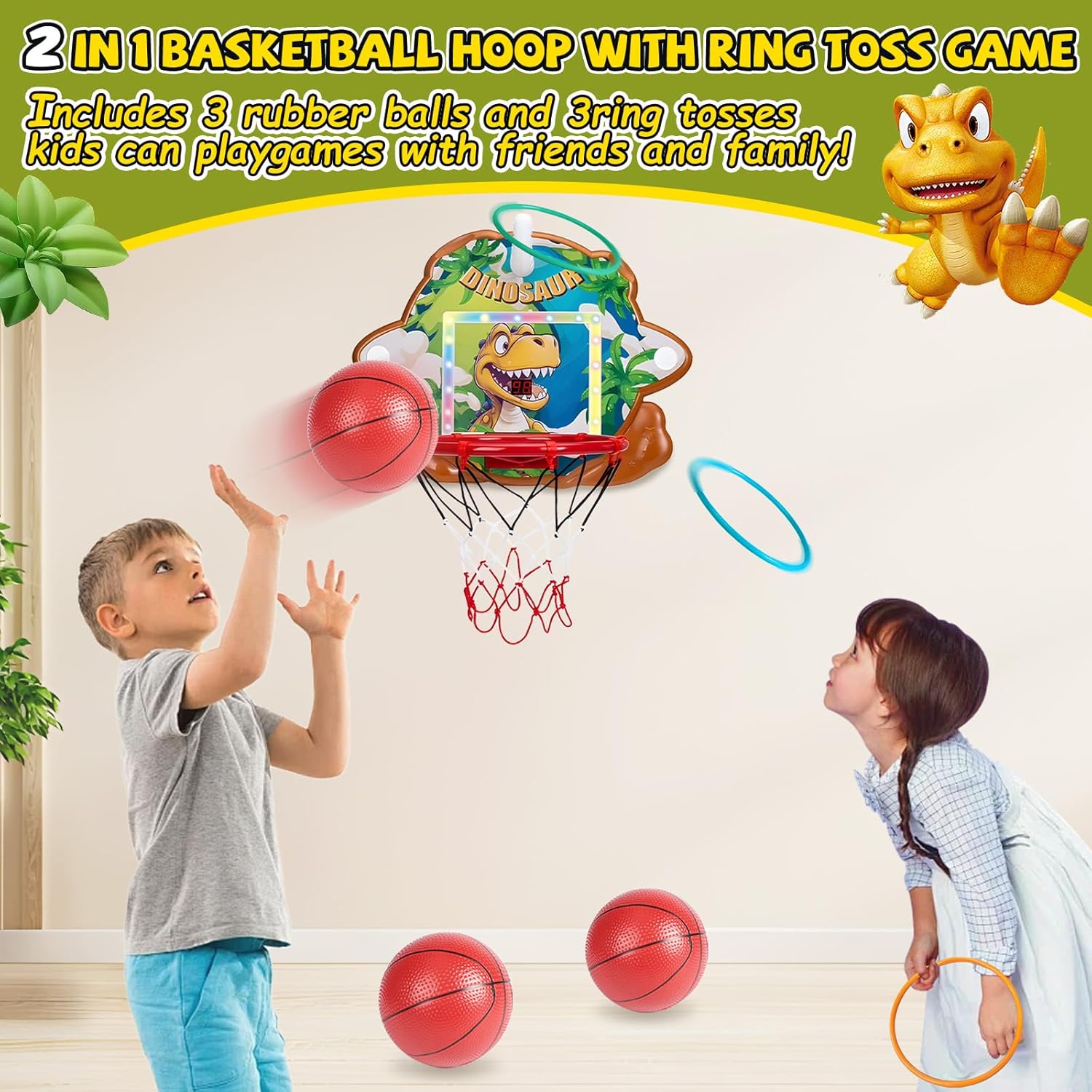 Thumbnail 1 de Fullware Mini Basketballkorb Indoor für Kinder (2-in-1) mit Ringwurf, Punkteanzeige & Musik – Dino-Design
