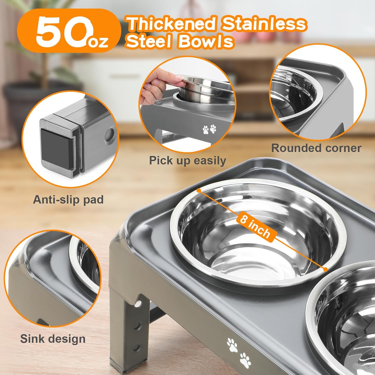 Thumbnail 3 de Elevated Bowls: 4-Height Adjustable Raised Stand with 2 Thick 50oz Stainless Steel Bowls