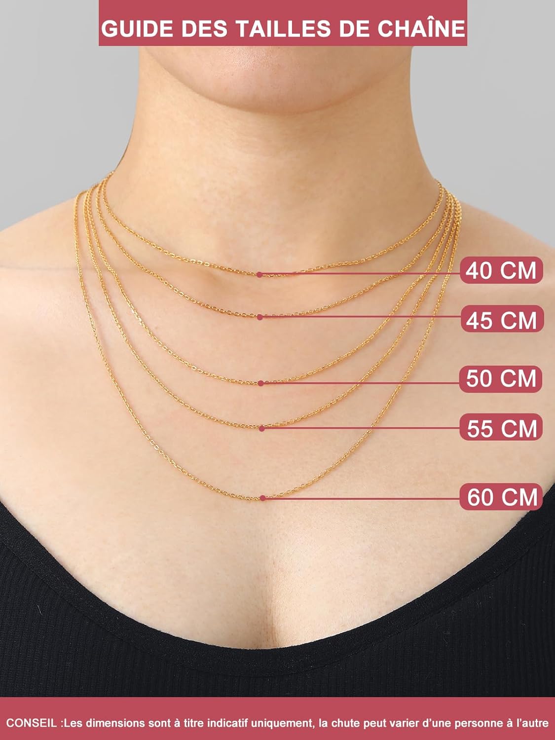 Thumbnail 5 de FOCALOOK Chaîne collier fine argent/plaque or femme en acier inoxydable 1,4 mm – maille rolo pour pendentif (40 à 60 cm + chaînette)