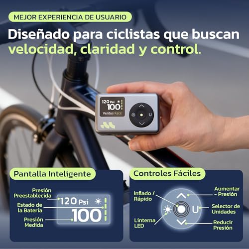 Thumbnail 4 de Woowind Ventus Race inflador eléctrico mini para bicicleta con manómetro, 120 PSI y válvulas Presta/Schrader