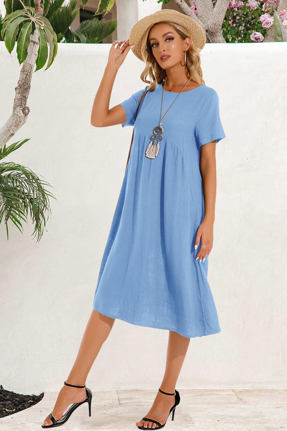 Detalle de Tincini Sommerkleid Damen Leinen-Mix mit V-Ausschnitt und A-Linie (Midikleid, Kurzarm)