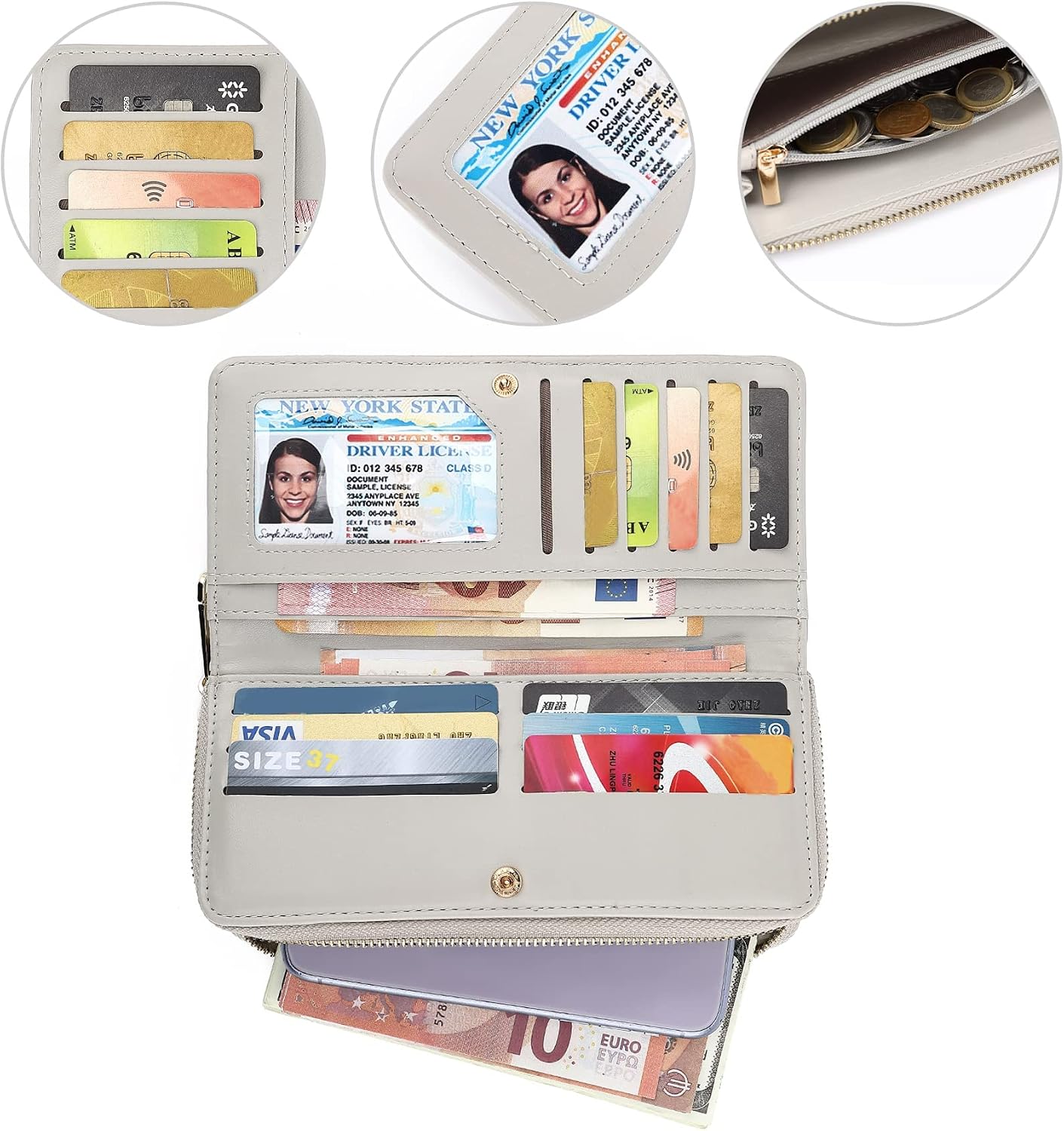 Detalle de TAN.TOMI Grand Portefeuille pour Femmes – Portefeuille RFID en cuir végétalien gris, fermeture éclair et multiples compartiments