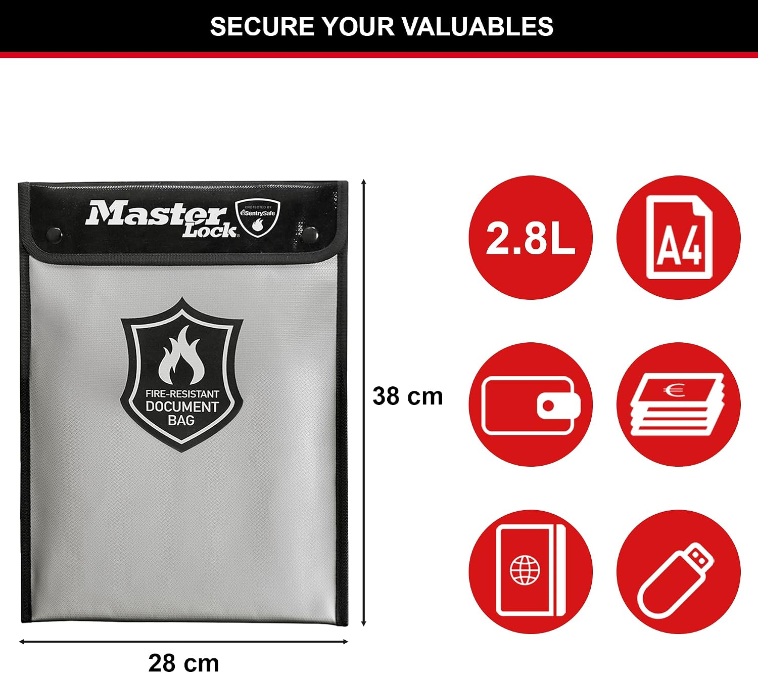 Thumbnail 4 de Master Lock FBWLZ0EURHRO Fireproof Document Bag, Silicone-Coated, 2.8 L
