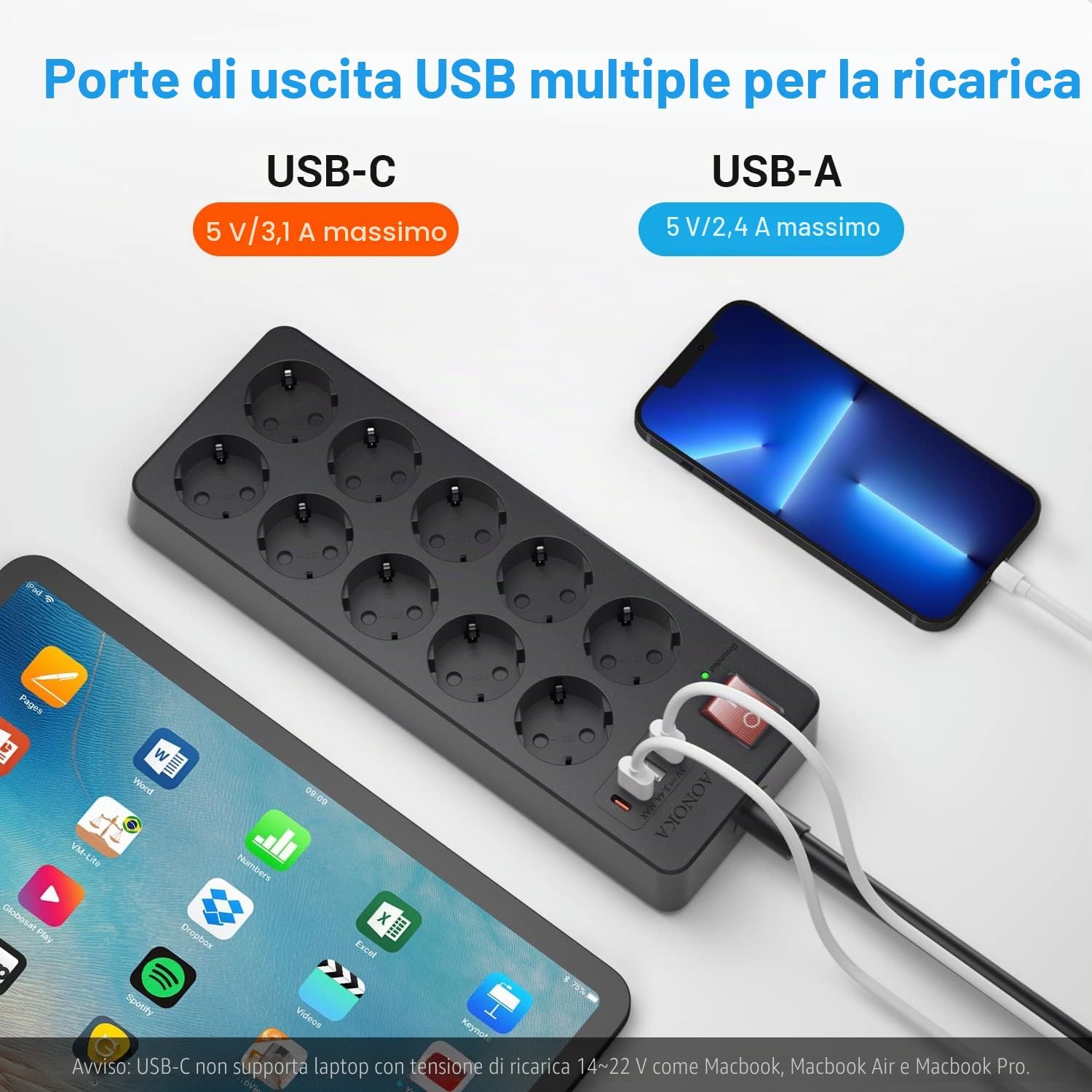 Detalle de Multipresa 10 Posti con USB-C e protezione sovratensione – 1,5 m, Nero