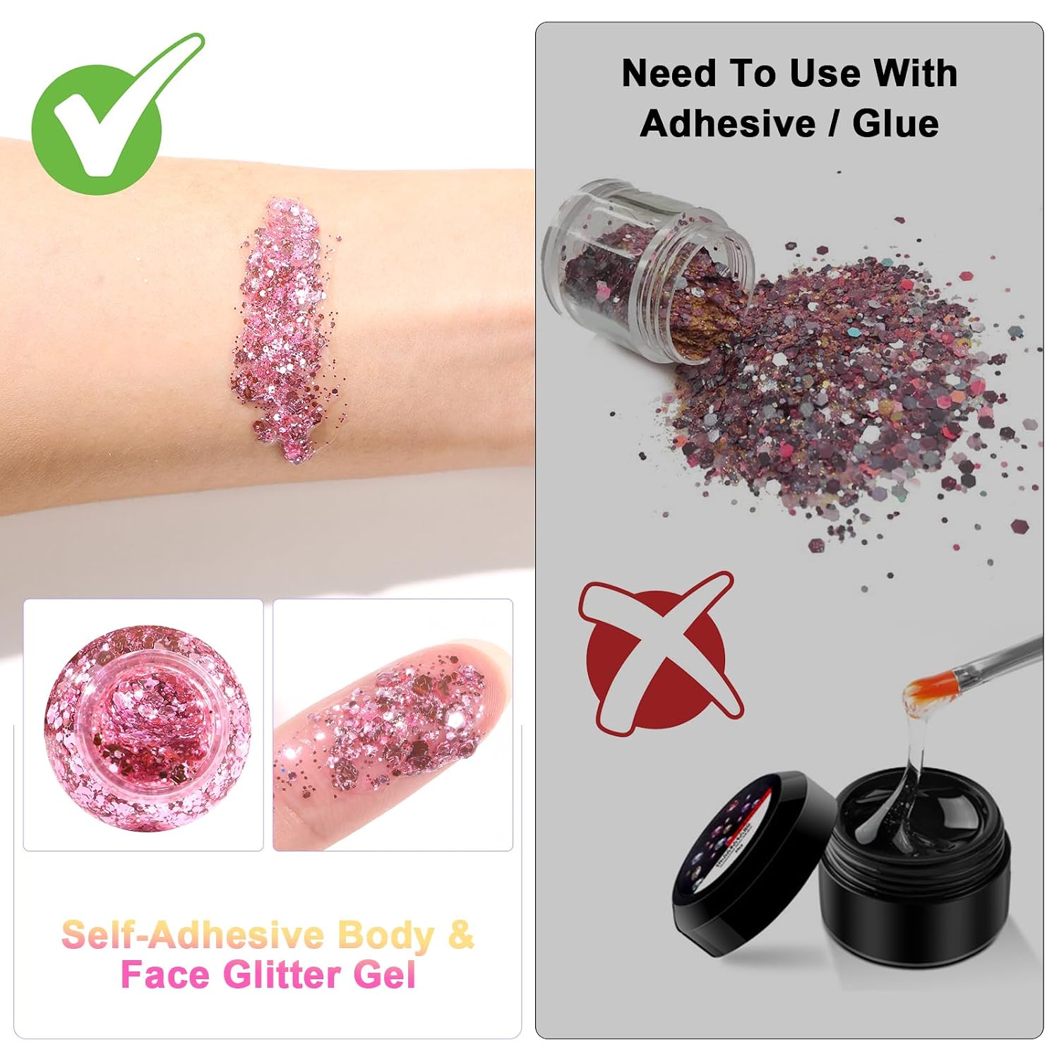 Thumbnail 4 de URAQT Body Glitter Gel Set – 3er Sequins Chunky Glitter Gel, 50 ml pro Stück, festlicher Glitzer für Gesicht & Körper in Silber, Rosa & Weiß