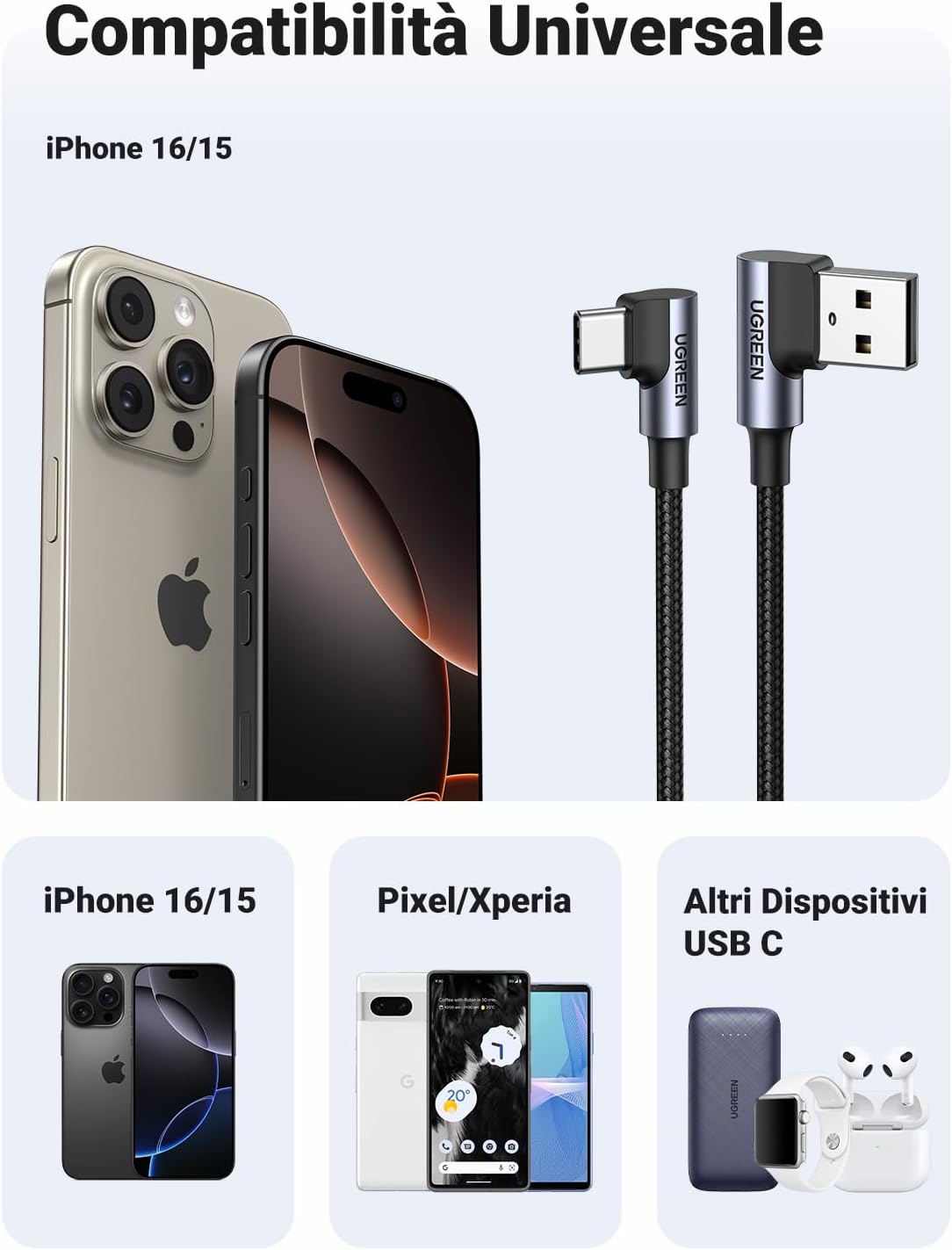 Thumbnail 3 de UGREEN Cavo USB‑C angolato 90° 0,5 m per smartphone e console